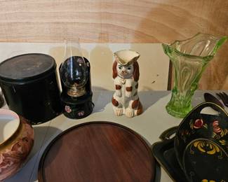 Green Glass Vase, Russian Khokhloma Ware, Wood Plate, Staffordshire-Stlye Dog Pitcher