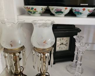 Antique Sinumbra (Brass/Bronze) Lamp, Glass Candlestick Holders, Desktop Clock, Samsung TV