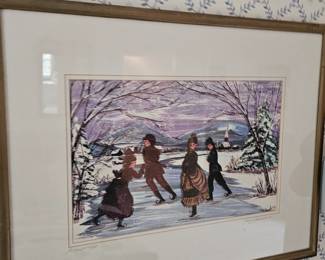 Signed Framed Art Print Winter Ice-skating scene