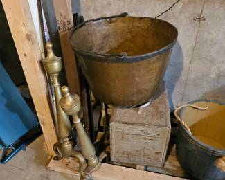 Brass Fireplace Andirons, Brass Kettle, Wooden Kettle