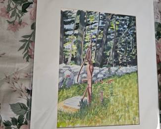 Watercolor Painting of landscape with a Water Pump