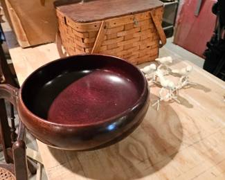Dark Wooden Bowl, Wood Picnic Basket