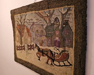 Vintage Hook Rug Winter Scene