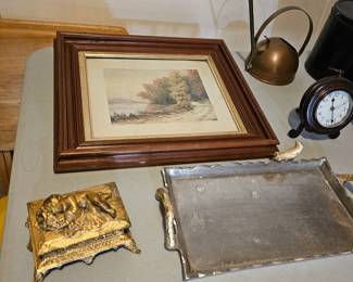Framed Art Work, Silver Tray, Golden Trinket Box, Brass Oil Can, Small Desk Clock
