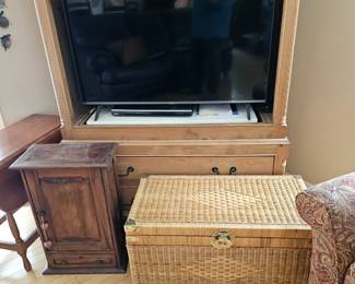 TV, Entertainment Center, Wicker Trunk, Wooden Table/Cabinet