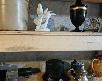 Silver Teapot, Stoneware Crock with Lid and Handles,