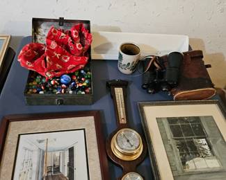 Framed Artwork, Marbles, Binoculars, Weather Station, Banjo-Style Barometer