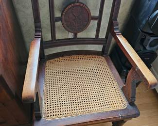 Vintage Wooden Carved East Lake Arm Chair, Cane Furniture'