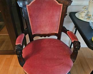 Round Wooden Red Velvet Parlor Arm Chair