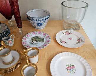 Vintage China Plates, Tea Cups, Saucers, Red Glass Vase
