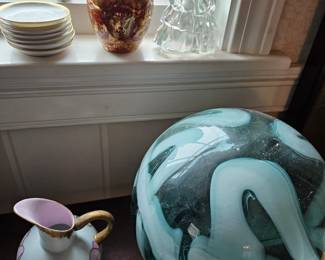 Green Swirl Vintage Glass Ball, Ceramic Pink Pitcher,