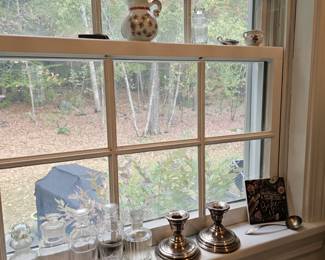 Silver Candlestick Holders, Glass Decanters