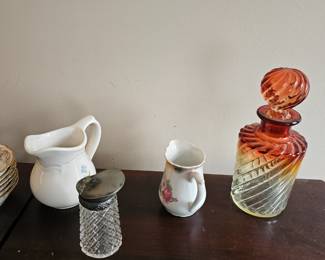 Porcelain Pitcher, Silver/Glass Sugar Shaker, Baccarat Rose Tiente Bamboo Bottle
