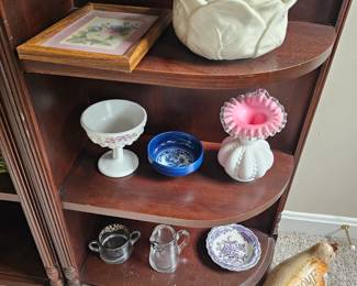 Fenton Peach Blow Silver Crest Vase, Glass Pitcher, Bristol Mulberry Plate, Cabbage Bowl