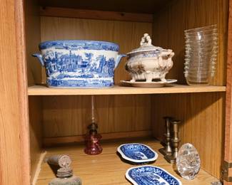 Flow Blue China, Glass Custard Cups, Blue & White Oval Dish, Soup Tureen or Covered Dish, Victorian Ware