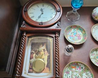 Seiko Pendulum Wall Clock, Famille Rose Porcelain Dishes, Blue Glass Vase