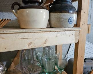 Bean Pots, Stoneware, Green Goblets or Wine Glasses