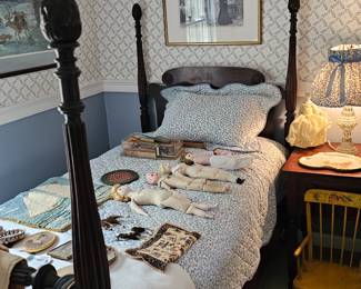 Twin Post Bed Dark Wood, Blue & White Bedding With Scallop Edge and Matching Sham, Matching lamp, Dolls, Children's Wooden Rocking Chair