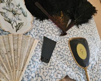Vintage Old Silver Hand Held Mirror, Black and Silver Vintage Hand Held Mirror, Vintage Lace Hand Fan, Black Feather Hand Held Fan