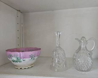 Glass Cruet, Glass Bell, Pink Porcelain Dish