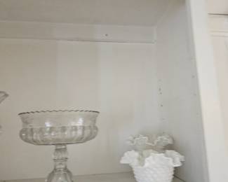 Glass Candy Dish, Vintage White Milk Glass Hobnail Ruffled Edge Bowl