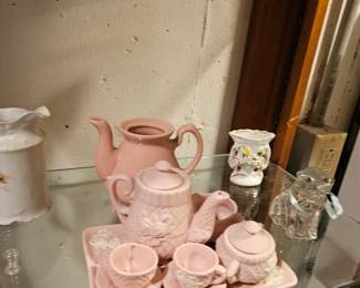 Small Pink Tea Set, Pink Tea Pot, Glass Figurine, Porcelain Creamer
