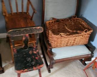 Woven Basket, Vintage Wooden Chairs
