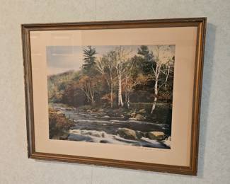 Framed Outdoor Picture Birch Trees, Wallace Nutting, Red White & Blue Autumn Brook Print