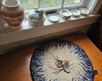 Vase Porcelain, Assorted China Plates, Covered Bunny Dish, Hook Rug