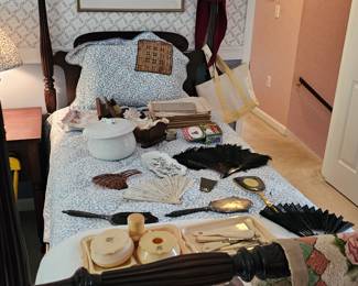 Twin Post Bed Dark Wood, Blue & White Bedding With Scallop Edge and Matching Sham, Grooming Items, White Covered Pot, Tote bag, Hand Held Mirrors