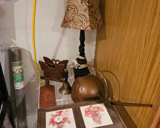 Brass Bell, Wooden Box, Table Lamp with Neutral Shade