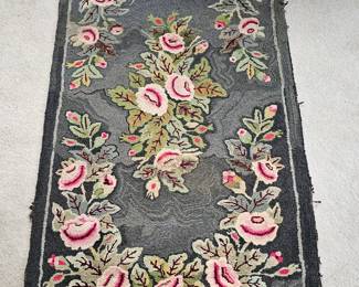 Vintage Hooked Rug with Pink Flowers