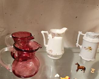 Red Glass Pitcher, Creamers, Red Creamer, Small horse and Duck Figurine