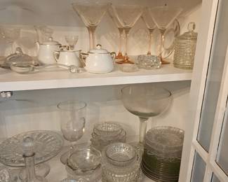 Martini Glasses, Tea Pot, Sugar Bowl, Creamer Pitcher, Glass Pates, Glass Decanter