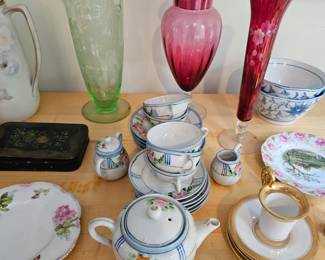 Vintage Tea Set, Uranium Glass Vase, Cranberry (Empoli) Footed Glass Jar