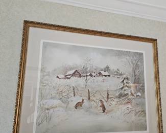 Framed Art Winter Scene With Rabbits, Small Porcelain Old Time Dancing Ladies, Rabbits