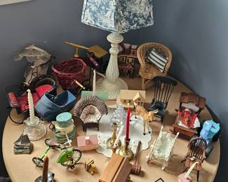 Miniature Collectible Chairs, Sleigh, Tricycle; Table Lamp