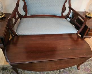 Mahogony Settee, Wooden Coffee Table, Oriental Rug