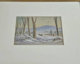 Framed Watercolor Winter Scene Painting