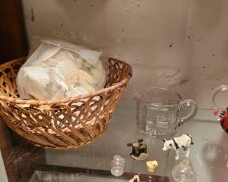 Basket, Cow Figurine, Chick Figurine, Glass Pitcher