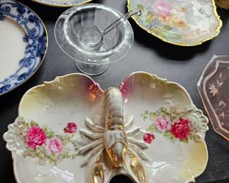 Lobster Divided Porcelain Serving Dish, Etched Glass Condiment Bowl