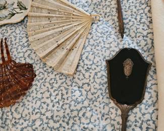 Vintage Old Silver Hand Held Mirror, Black and Silver Vintage Hand Held Mirror, Vintage Lace Hand Fan