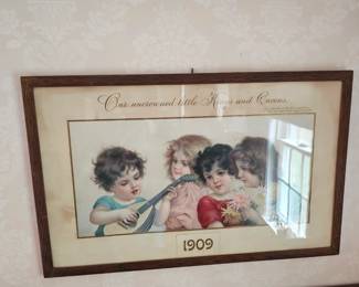 Victorian Era Girls Embossed Framed Lithograph
