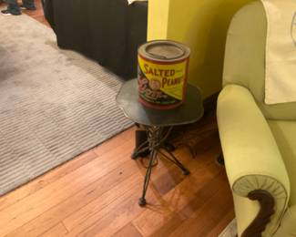 Old vintage, salted peanut tin, handmade twisted metal side table