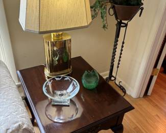 End table and lamp by Ethan Allen, Art glass bowl with step base with etched dolphins by Stephen Schlasner
