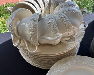 Wedgewood "Queensware" cream on cream 5 piece place setting.  Set includes:  13 dinner plates, salad plates, 11 dessert plates, 12 berry bowls, 17 saucers and 16 cups
