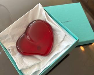 Tiffany & Co. Else Peretti Heart paperweight in red crystal glass with box.