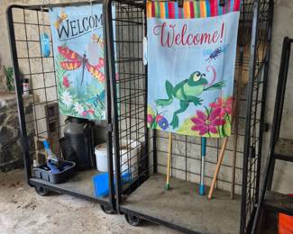 yard flags, metal milk can (no lid), large rolling storage or display cart