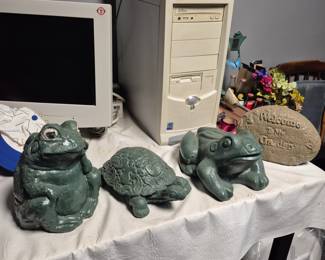 concrete yard statues, vintage computer