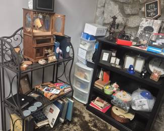 Metal coasters, book shelf, picture frames, wood Oriental fisherman figurine, vintage cookbooks, miscellaneous decor, lampshades